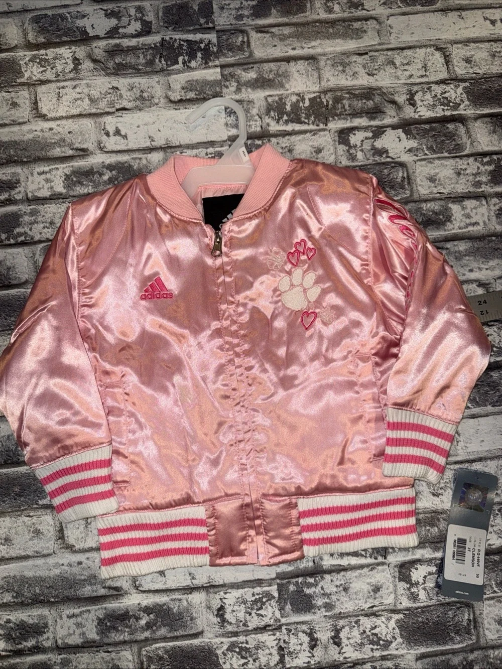 Adidas Girls Pink Satin Bomber Jacket Full Zip Embroidered Clemson Logo Size 3T